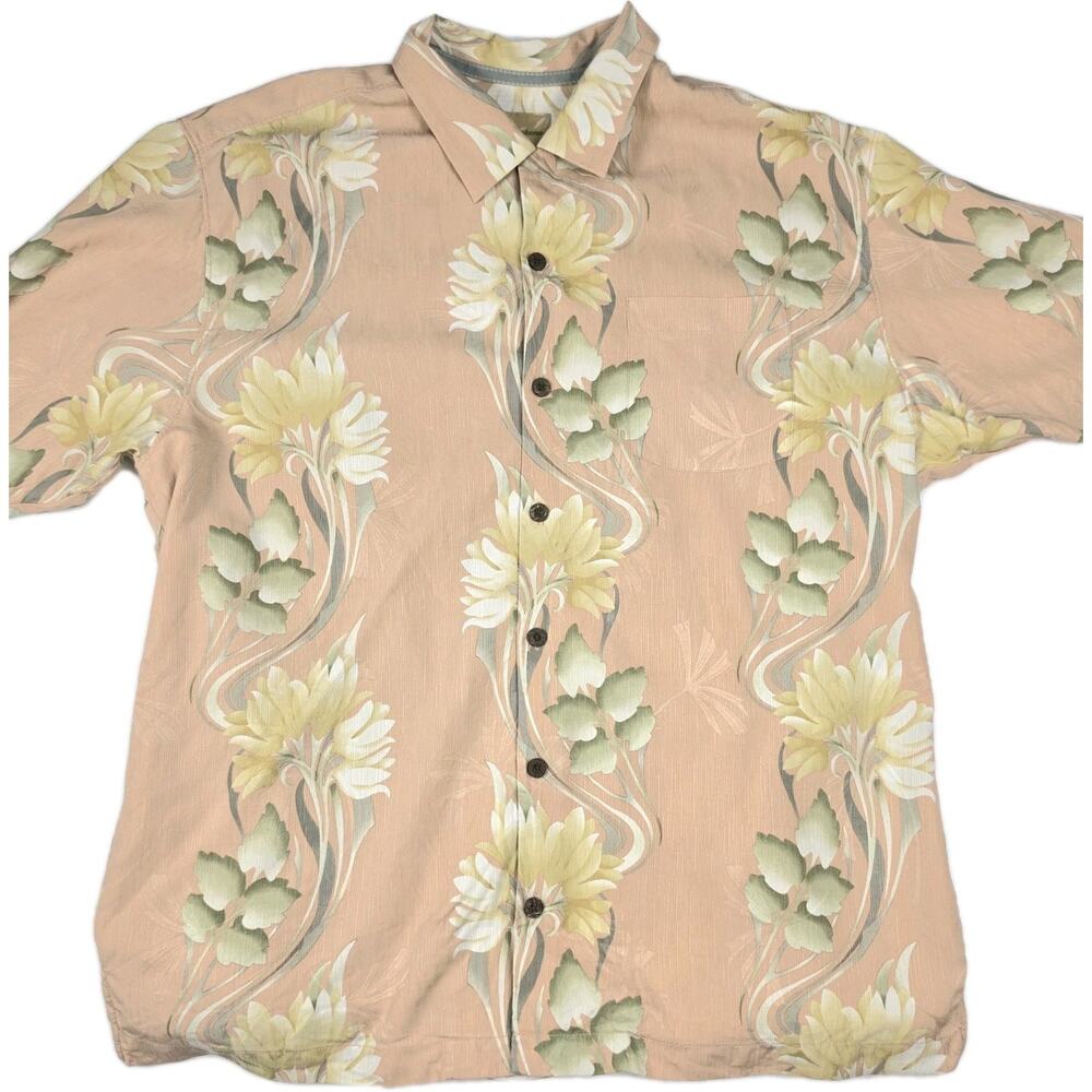 Tommy Bahama Shirt Mens Size Large Leaves Flower Pink/Peach Silk Short Sleeve